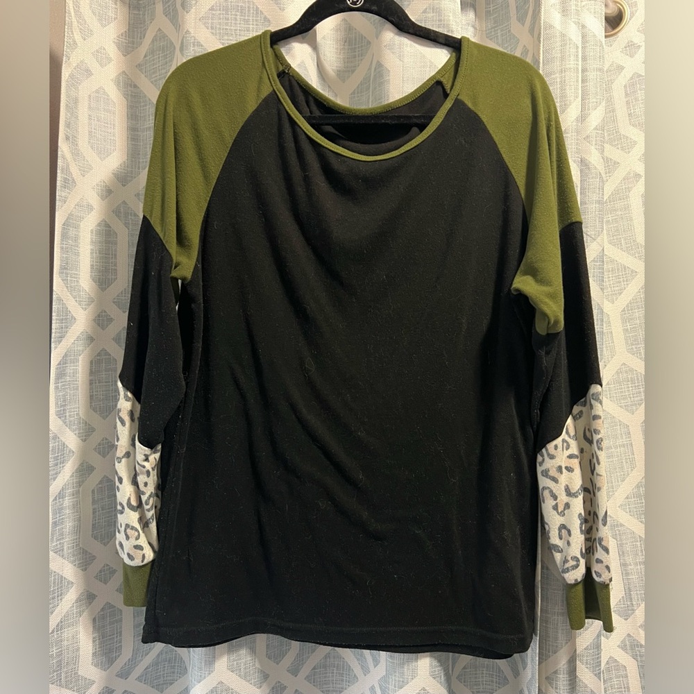 Olive and Black Colorblock Long Sleeve Top with Leopard Trim